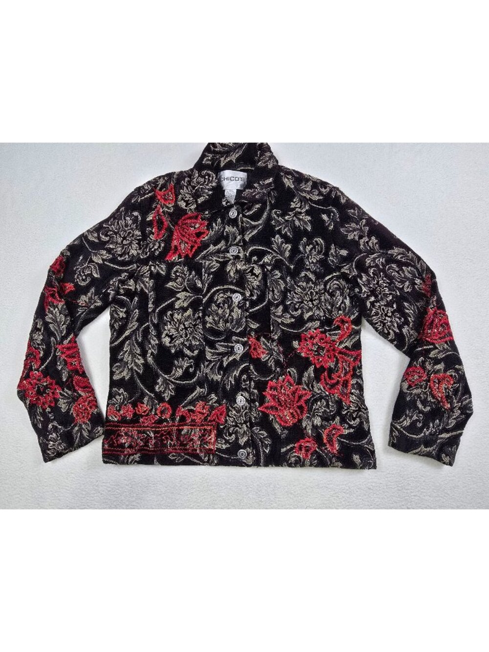 Chicos Size 1 Medium Black Floral Embroidered Tapestry Jacket Beaded